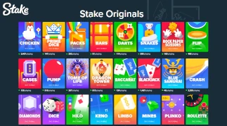 Stake Originals game lobby featuring crypto-friendly titles like Chicken, Crash, Plinko, and Mines with high RTP and max win multipliers