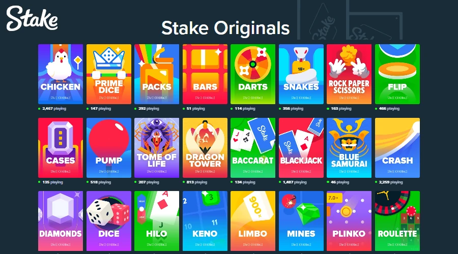 Stake Originals game lobby featuring crypto-friendly titles like Chicken, Crash, Plinko, and Mines with high RTP and max win multipliers